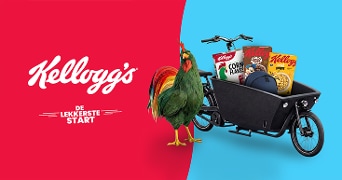 Kellog's de lekkerste start. Bakfiets met een tas en kellog's producten