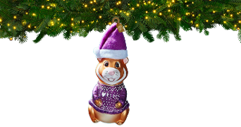 Kerstkaart hanger van een hamster met kerstoutfit.