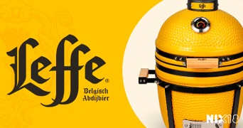 Afbeelding van een gele Leffe barbecue naast het Leffe logo, met de tekst "Belgisch Abdijbier" en een NIX18-logo rechtsonder.