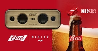 Promotie van Bud met een House of Marley luidspreker en een Bud-bierfles.