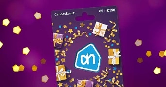 Albert Heijn cadeaukaart met waarde van €5 tot €150, versierd met feestelijke linten en cadeaus op een paarse achtergrond.
