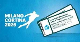 Afbeelding van twee tickets voor de Olympische Winterspelen 2026 in Milaan, met verwijzing naar de 5.000 meter schaatsen vrouwen, inclusief het Albert Heijn logo.