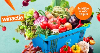 Winactie met een blauwe mand vol verse groenten en fruit, inschrijfdeadline 10 juni.