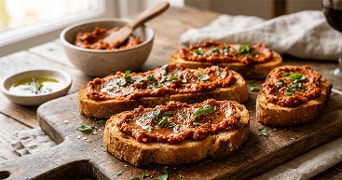 Vier sneetjes geroosterd brood met tapenade en verse kruiden op een houten plank, met een kom tapenade en olijfolie op de achtergrond.