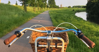 Fietsstuur met rieten mandje op een fietspad door het groene Nederlandse landschap met een molen in de verte.
