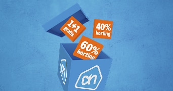 Albert Heijn kortingsacties: 1+1 gratis, 40% korting en 60% korting in een blauwe doos met AH-logo.