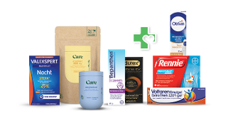 Assortiment van gezondheidsproducten, inclusief Valdispert, Care, Bepanthen, Durex, Otrivin, Rennie en Voltaren Emulgel.
