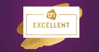 Logo van AH Excellent op een paarse achtergrond met goudkleurig accent