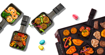 Gourmetstel met diverse gerechten, waaronder garnalen, aardappelkroketjes, vlees en kleurrijke groenten.