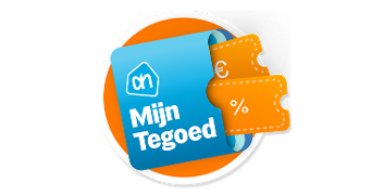 Afbeelding van een Albert Heijn "Mijn Tegoed" kaart met kortingsbonnen, voorzien van euro- en procenttekens, op een oranje achtergrond.