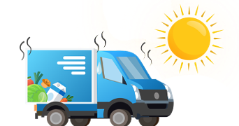Illustratie van een blauwe bestelwagen met boodschappen, waaronder melk, groenten en brood, naast een felle zon die hitte uitstraalt.