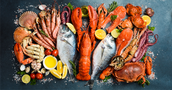 Assortiment van verse zeevruchten, waaronder vis, kreeft, garnalen, krab, schelpen en citroenpartjes, gepresenteerd op een donkere ondergrond.