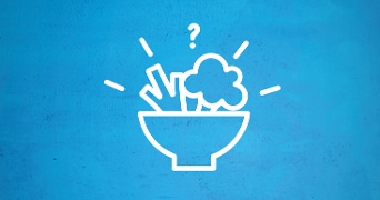 Illustratie van een kom met groenten en een vraagteken op een blauwe achtergrond, wat duidt op een verrassende of onbekende maaltijd