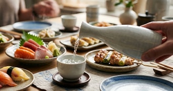 Tafel gedekt met Japanse gerechten zoals sushi, sashimi en yakitori, waarbij iemand sake inschenkt in een kopje.