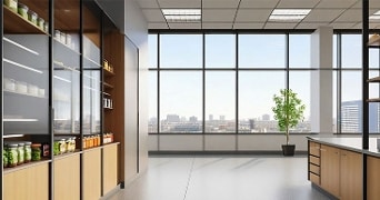 Voorraadkast op kantoor in het keukengedeelte met uitzicht op grote ramen met overview over de stad.