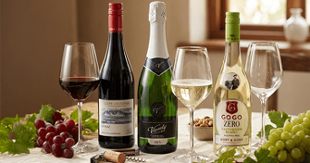 Drie flessen wijn, waaronder rode wijn, mousserende wijn en witte wijn (Gogo Zero Sauvignon Blanc), met bijpassende wijnglazen, druiven, noten en een kurkentrekker op een gedekte tafel.