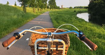 Fiets met fietsmandje op het fietspad. In het groen met een molen op de achtergond en een slootje naast het pad.