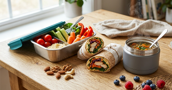 Lunch op tafel met een roestvrijstalen lunchbox gevuld met snoeptomaten, komkommer, wortels en hummus, een wrap met kip en groenten, een thermosbeker met dampende soep, noten en wat losse bessen.