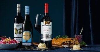 Feestelijke tafel met Trivento Malbec, Brancott Estate Sauvignon Blanc, Castaño rode wijn en groentepastei.