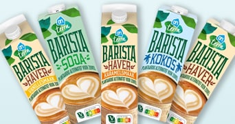 Vijf pakken AH Terra Barista plantaardige alternatieven voor zuivel in de smaken haver, soja, haver karamel, kokos en haver vanille, naast elkaar weergegeven.