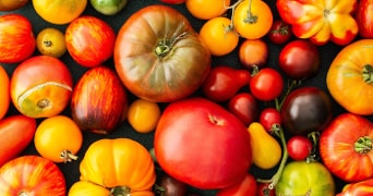Verschillende soorten en kleuren tomaten op een zwarte achtergrond