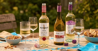 Flessen witte wijn van de merken Stormhoek, Beste Lese en Lindeman's, met glazen wijn, noten en brood op een buitentafel.