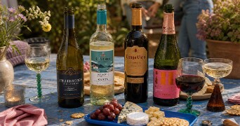 Borrelplank met verschillende kazen, druiven, crackers, noten en olijven, vergezeld door witte wijn, rode wijn, mousserende wijn en een fles prosecco op een tafel, met mensen op de achtergrond.