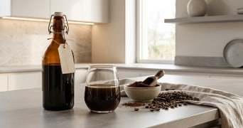 Fles en glas met cold brew koffie op een keukenblad, naast een kom met gemalen koffie en koffiebonen.