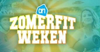 Albert Heijn's Zomerfit Weken banner met een vrouw die een fitnessmat vasthoudt.