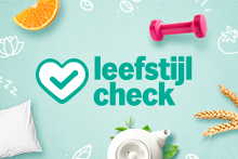 Illustratie van "leefstijl check" met roze halter, schijfje sinaasappel, kussen en graan.