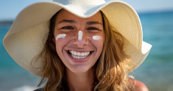 Vrouw met een zonnehoed bij de zee