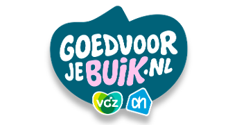 Logo van goedvoorjebuik.nl met de tekst "Goed voor je buik" in speelse letters, ondersteund door de logo's van VGZ en Albert Heijn.