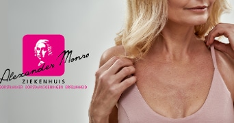 Alexander Monro Ziekenhuis logo naast een vrouw in een roze hemdje.