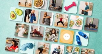 Collage van een gezonde levensstijl met avocado's, sportschoenen, maaltijden, fitnessoefeningen en yoga.