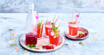 Glazen rode cocktails met ijsblokjes en munt, op een dienblad met flamingo roerstokjes en rode bessen, naast een fles met rode drank.