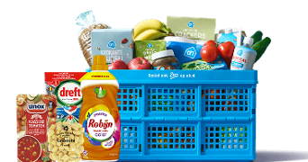 Blauwe Albert Heijn krat gevuld met diverse boodschappen zoals Robijn wasmiddel, Dreft afwasmiddel, Unox tomatensoep, groenten, fruit, ontbijtgranen en crackers