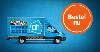 Albert Heijn bezorgwagen met boodschappen en een oranje cirkel met de tekst "Bestel nu"