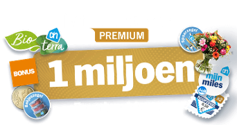 Banner voor Albert Heijn met de tekst “1 miljoen Premium klanten” en afbeeldingen van Bonus, Bakzegel, Spaarzegel, Mijn Miles, en Mijn Albert Heijn Premium.