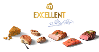Verschillende luxe producten uit het Albert Heijn Excellent assortiment, waaronder kaas, vleeswaren, vis en feestelijke hapjes, gepresenteerd onder het Excellent-logo.