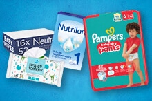 Babyluier producten, waaronder Pampers baby-dry pants, Nutrilon zuigelingenvoeding en Albert Heijn waterdoekjes.
