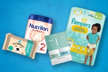 Babyverzorgingsproducten met Nutrilon DuoBalans en Pampers Premium Protection luiers.