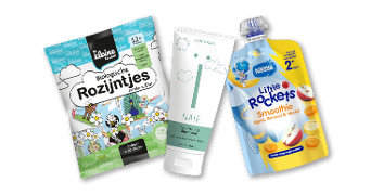 Verpakking van De Kleine Keuken biologische rozijntjes, Naïf babyverzorgingscrème en Olvarit Little Rockets fruitpuree.