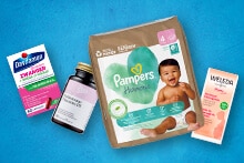 Pampers Harmonie luiers, Davitamon zwangerschapsvitaminen, Etos foliumzuur met vitamine D3, en Weleda perineummassageolie.