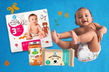 AH-babypakket met luiers, BIO-spaghetti bolognese, baby lotiondoekjes en multi-vitaminen voor jonge moeders.