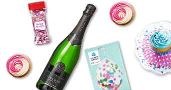 Assortiment feestproducten met Dr. Oetker suikerhartjes, V. Verity champagne, AH confetti ballon en kleurrijke cupcakes.