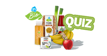 Biologische producten van Albert Heijn Biologisch Quiz beeld met waaronder penne, kokosmelk, passata di pomodoro, groentesap, bananen, een rode appel en prei