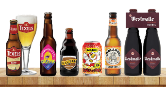 Assortiment van verschillende biermerken, waaronder Texels Blond, Brouwerij 't IJ Calypso, Kasteel Donker, Uiltje Bird of Prey, Lowlander non-alcoholic en Westmalle Trappist Dubbel.