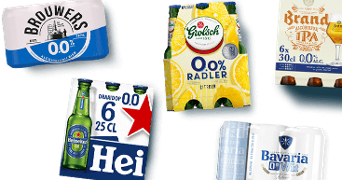 Selectie van alcoholvrije bieren van verschillende A-merken zoals Brouwers, Grolsch, Heineken, Brand en Bavaria.
