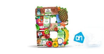 Albert Heijn producten met het B Corp logo, waaronder Zaans volkoren brood, ananas, biologisch sap, verse groenten en fruit.