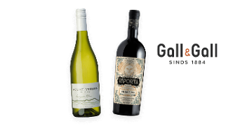Wijnen Mount Vernon Sauvignon Blanc en Riposita Primitivo naast Gall & Gall logo
